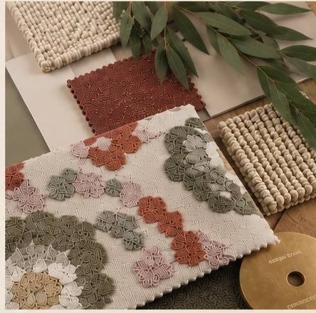 Material and trim samples laid out for specification